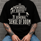 Powered By Coffee and Doom Shirt, Funny Goth Coffee Tee, Dark Humor Coffee Lover Gift, Sarcastic Coffee Shirt, Existential Dread Tee - Deadpan Outdoors Co.