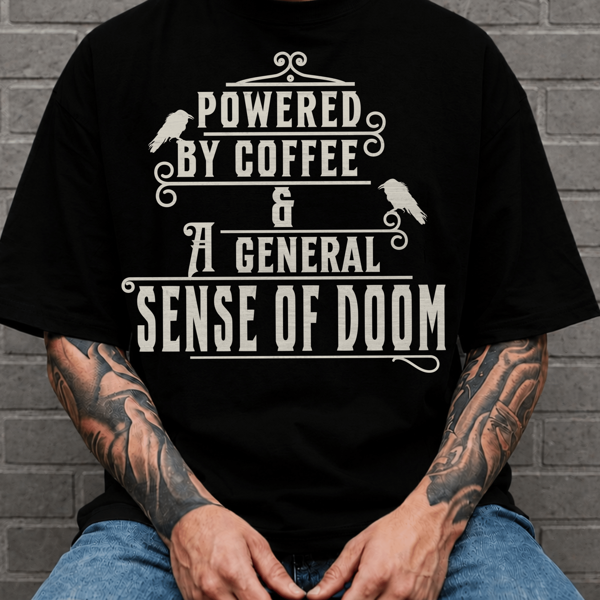 Powered By Coffee and Doom Shirt, Funny Goth Coffee Tee, Dark Humor Coffee Lover Gift, Sarcastic Coffee Shirt, Existential Dread Tee - Deadpan Outdoors Co.