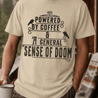 Powered By Coffee and Doom Shirt, Funny Goth Coffee Tee, Dark Humor Coffee Lover Gift, Sarcastic Coffee Shirt, Existential Dread Tee - Deadpan Outdoors Co.