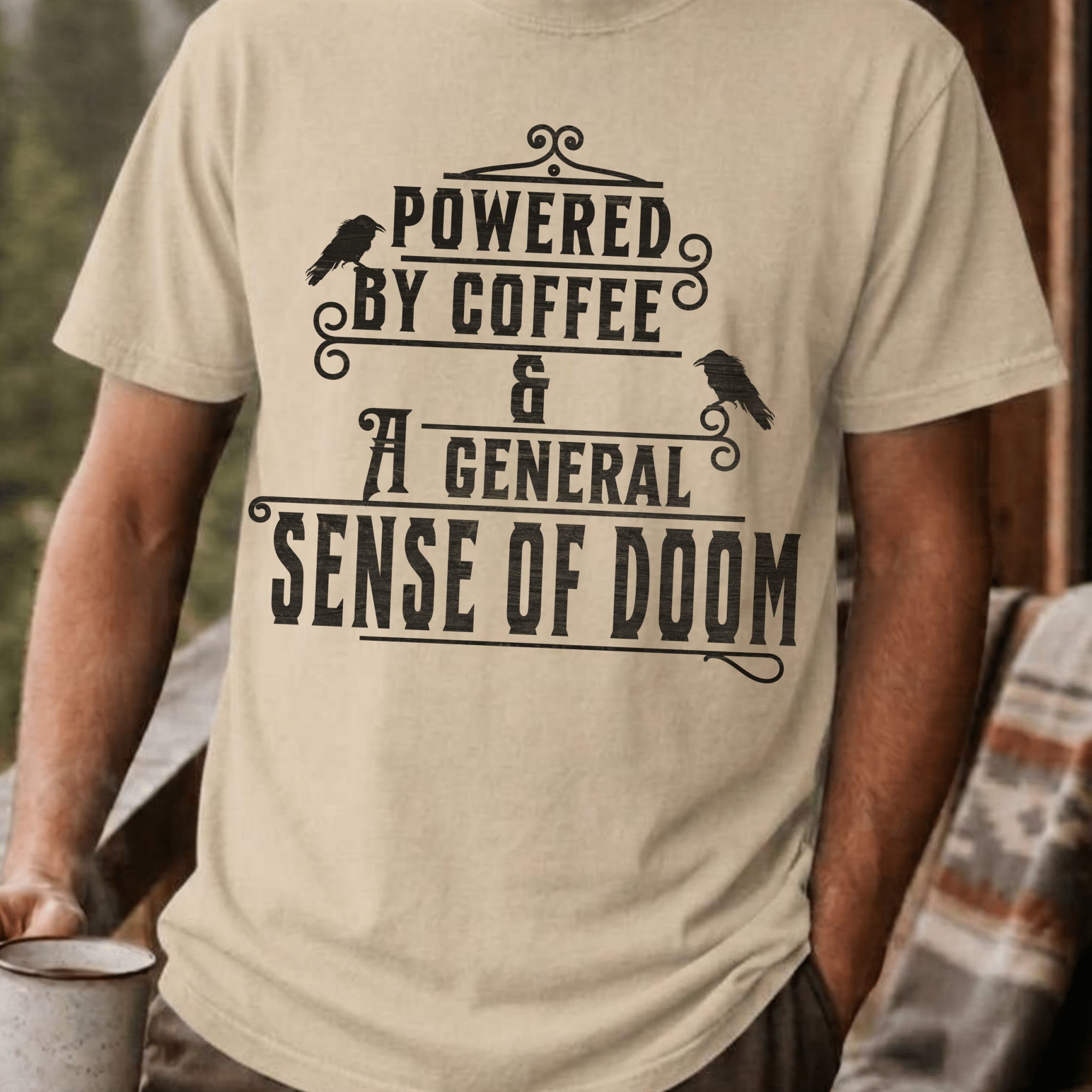 Powered By Coffee and Doom Shirt, Funny Goth Coffee Tee, Dark Humor Coffee Lover Gift, Sarcastic Coffee Shirt, Existential Dread Tee - Deadpan Outdoors Co.