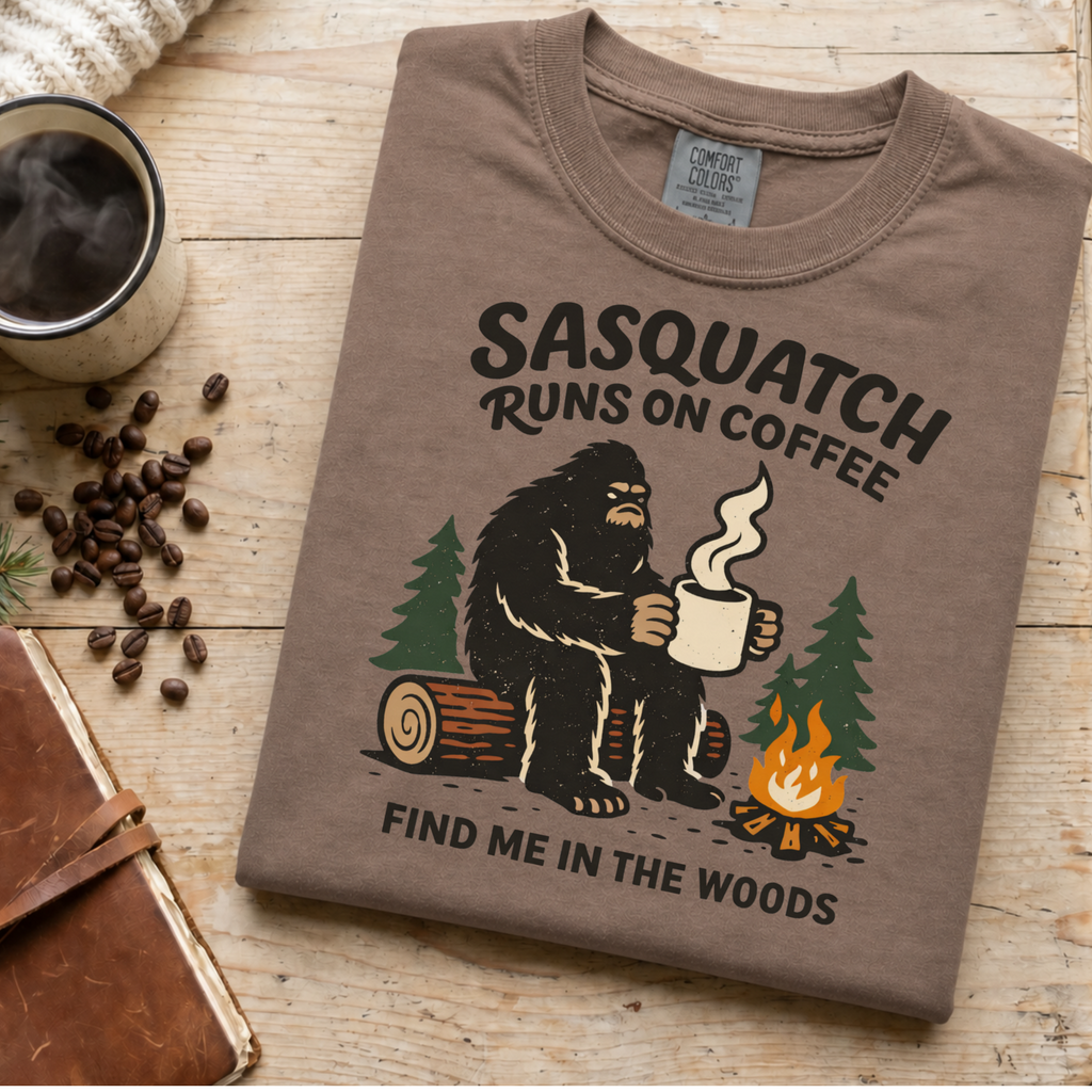 Sasquatch Runs On Coffee Shirt, Funny Bigfoot Camping Tee, Coffee Lover Bigfoot Gift, Campfire Sasquatch Shirt, Outdoors Coffee Gift