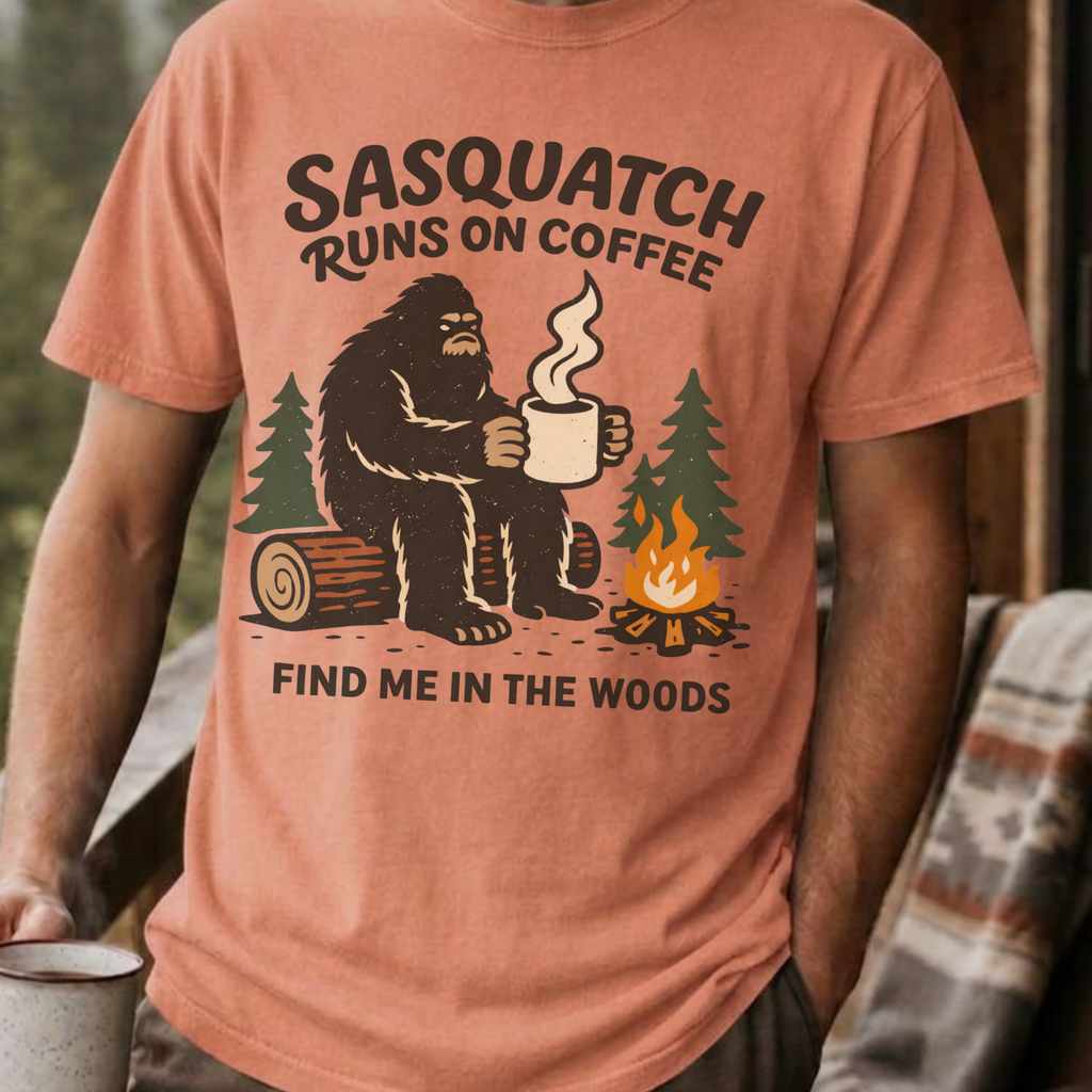 Sasquatch Runs On Coffee Shirt, Funny Bigfoot Camping Tee, Coffee Lover Bigfoot Gift, Campfire Sasquatch Shirt, Outdoors Coffee Gift