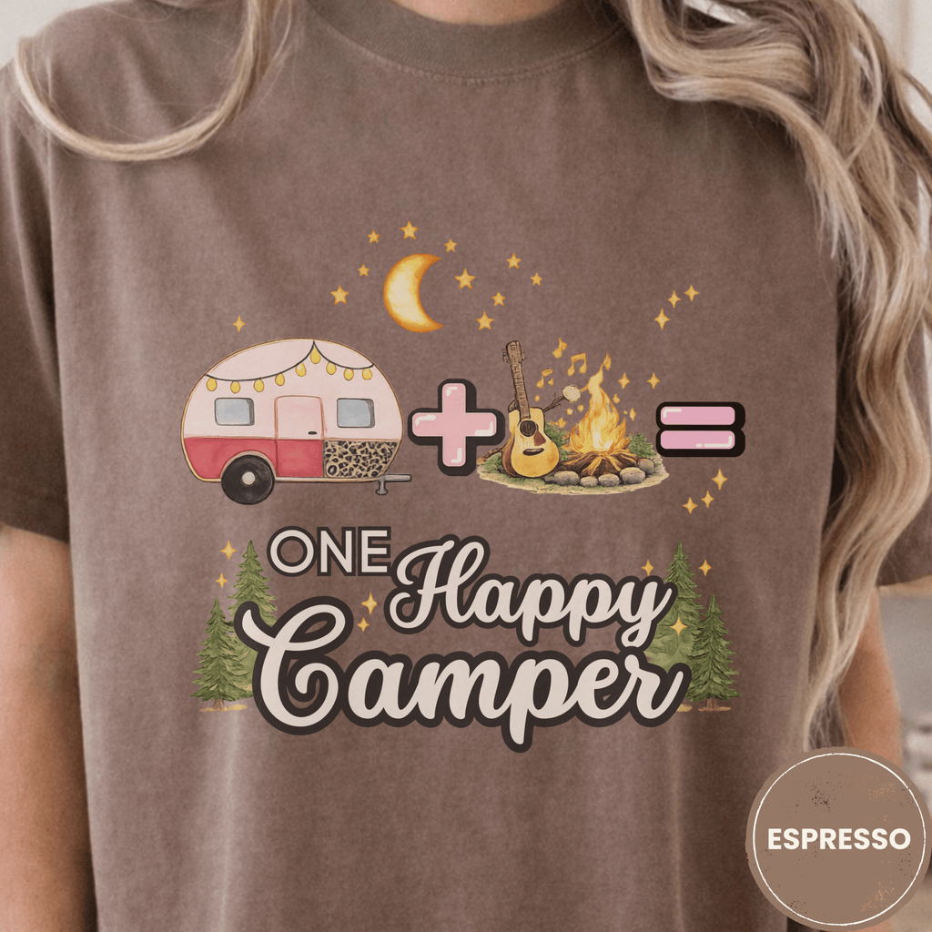 Comfor Colors® Campfire Plus Songs Equals One Happy Camper Tee - Deadpan Outdoors Co.