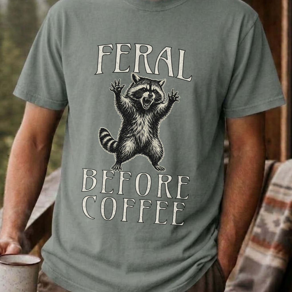 Funny Raccoon Coffee Shirt, Feral Until Coffee Tee, Trash Panda Gift, Sarcastic Coffee Lover Gift for Her, Chaotic Morning Shirt