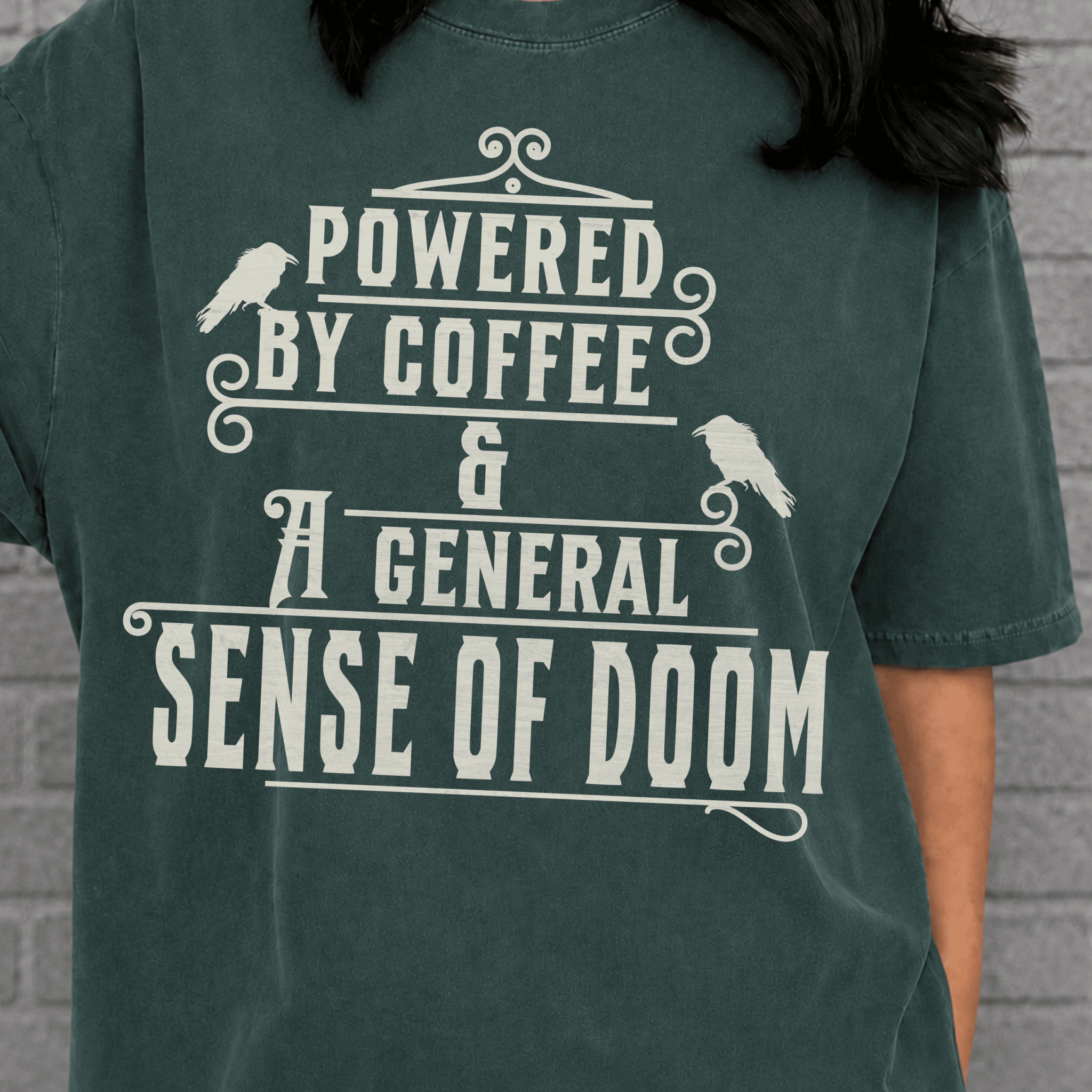 Powered By Coffee and Doom Shirt, Funny Goth Coffee Tee, Dark Humor Coffee Lover Gift, Sarcastic Coffee Shirt, Existential Dread Tee - Deadpan Outdoors Co.