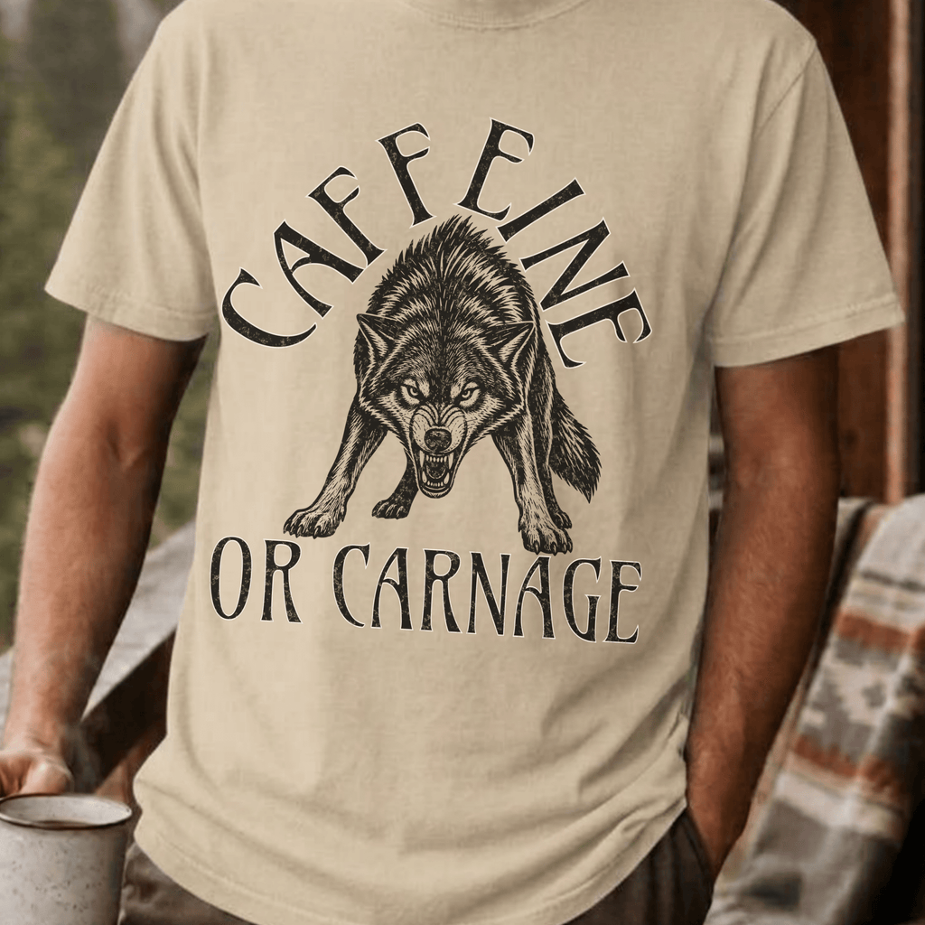 Funny Wolf Coffee Shirt, Caffeine or Carnage Tee, Sarcastic Coffee Lover Gift for Him, Wolf Lover Shirt, Not a Morning Person Gift - Deadpan Outdoors Co.
