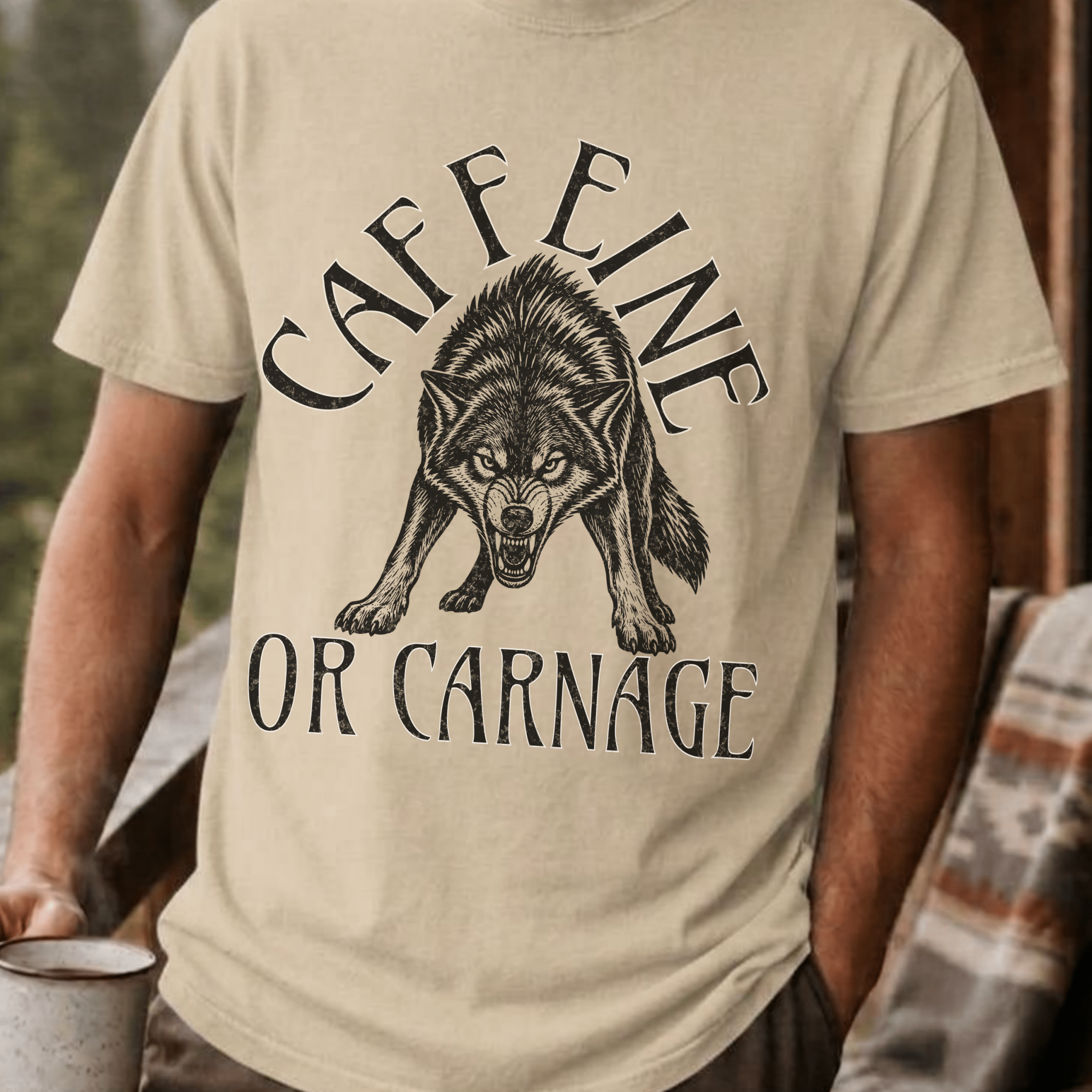 Funny Wolf Coffee Shirt, Caffeine or Carnage Tee, Sarcastic Coffee Lover Gift for Him, Wolf Lover Shirt, Not a Morning Person Gift - Deadpan Outdoors Co.