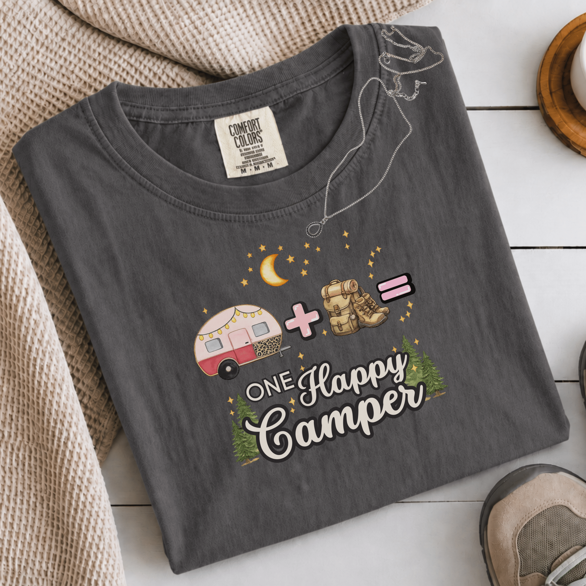 Comfort Colors® Trailer Plus Hiking Equals One Happy Camper Tee - Deadpan Outdoors Co.