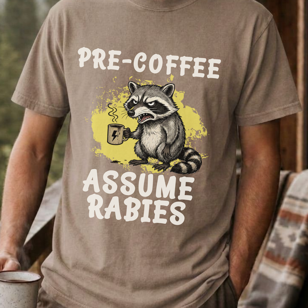 Pre-Coffee Assume Rabies Shirt, Funny Raccoon Coffee Tee, Feral Coffee Addict Gift, Sarcastic Morning Humor Shirt, Trash Panda Tee