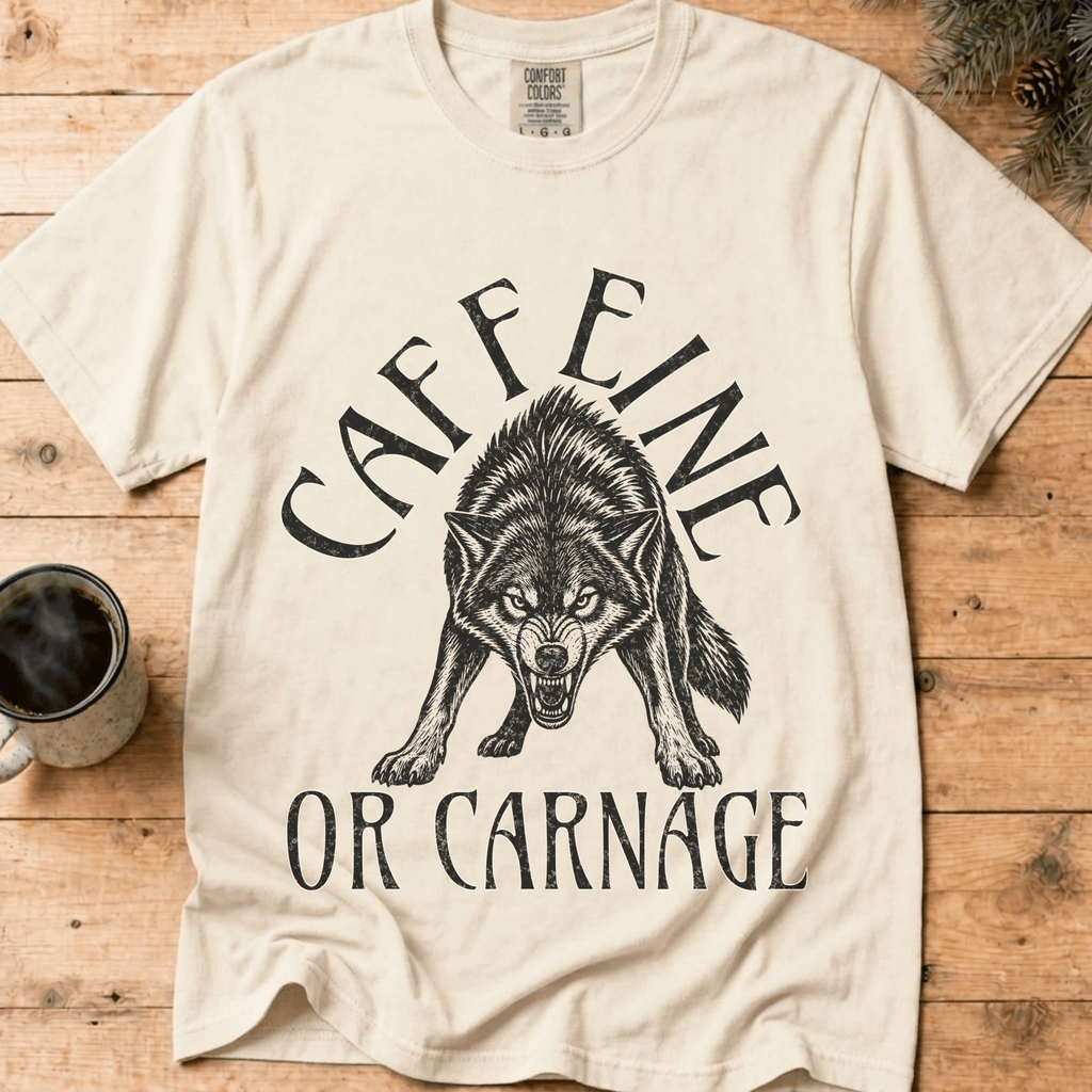 Funny Wolf Coffee Shirt, Caffeine or Carnage Tee, Sarcastic Coffee Lover Gift for Him, Wolf Lover Shirt, Not a Morning Person Gift - Deadpan Outdoors Co.