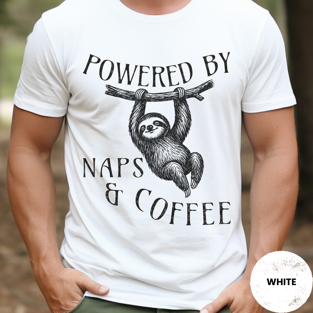 Funny Sloth Coffee Shirt, Powered By Naps and Coffee Tee, Sloth Lover Gift, Sarcastic Coffee Lover Gift for Her, Lazy Day Shirt