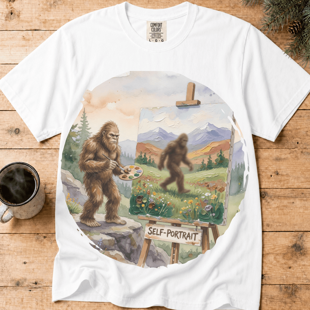 Bigfoot Self Portrait Shirt, Funny Sasquatch Watercolor Tee, Cryptid Lover Gift, Blurry Bigfoot Humor Shirt, PNW Sasquatch Tee - Deadpan Outdoors Co.