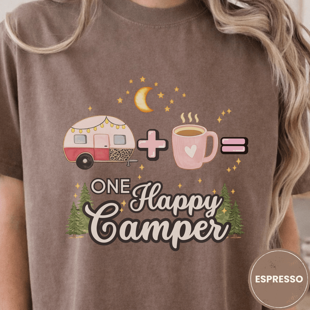 Comfort Colors® Trailer Plus Coffee Equals One Happy Camper Tee - Deadpan Outdoors Co.