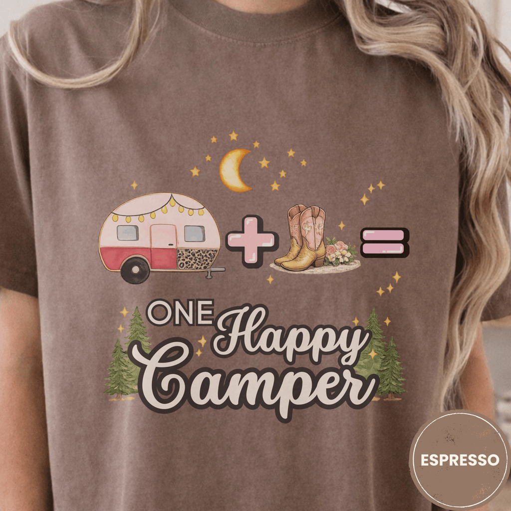 Comfort Colors® Trailer Plus Cowboy Boots Equals One Happy Camper Tee - Deadpan Outdoors Co.