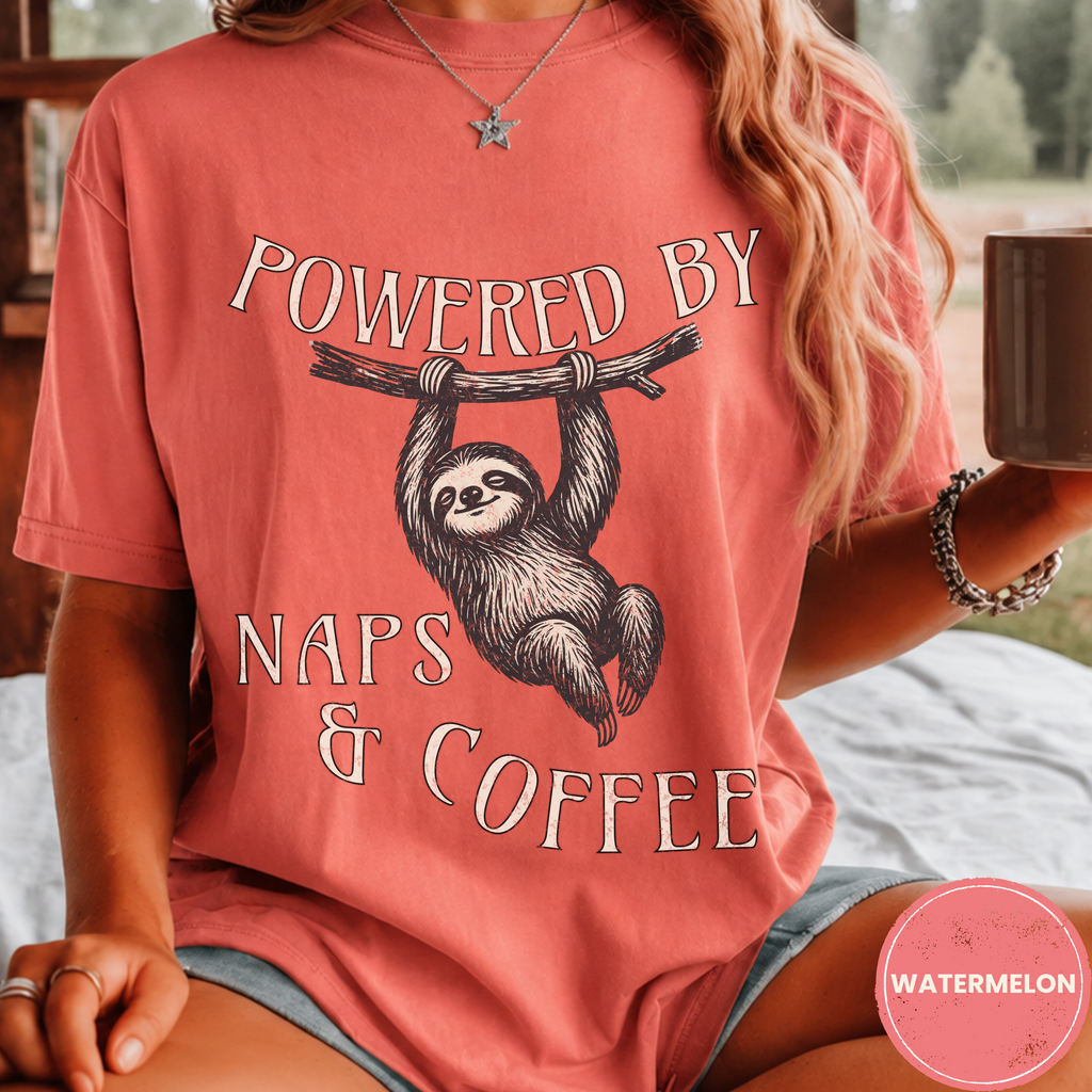 Funny Sloth Coffee Shirt, Powered By Naps and Coffee Tee, Sloth Lover Gift, Sarcastic Coffee Lover Gift for Her, Lazy Day Shirt
