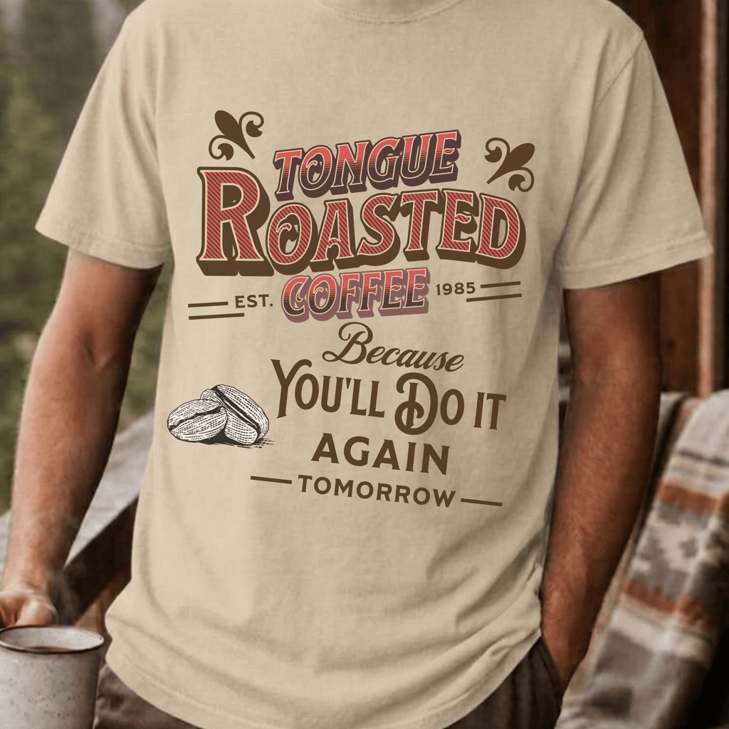 Tongue Roasted Coffee Shirt, Funny Vintage Coffee Tee, Retro Coffee Roaster Logo Shirt, Coffee Lover Gift, Sarcastic Coffee Tee - Deadpan Outdoors Co.