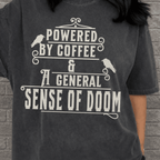 Powered By Coffee and Doom Shirt, Funny Goth Coffee Tee, Dark Humor Coffee Lover Gift, Sarcastic Coffee Shirt, Existential Dread Tee - Deadpan Outdoors Co.