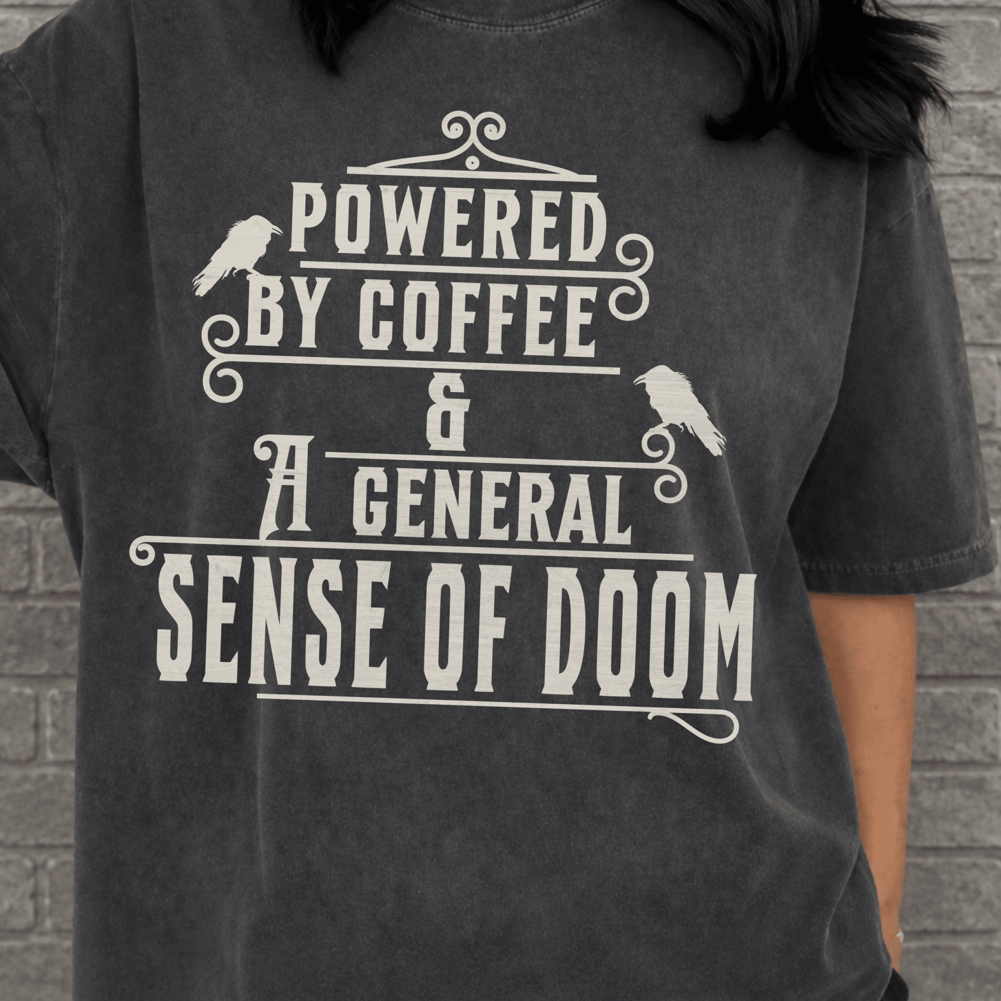 Powered By Coffee and Doom Shirt, Funny Goth Coffee Tee, Dark Humor Coffee Lover Gift, Sarcastic Coffee Shirt, Existential Dread Tee - Deadpan Outdoors Co.