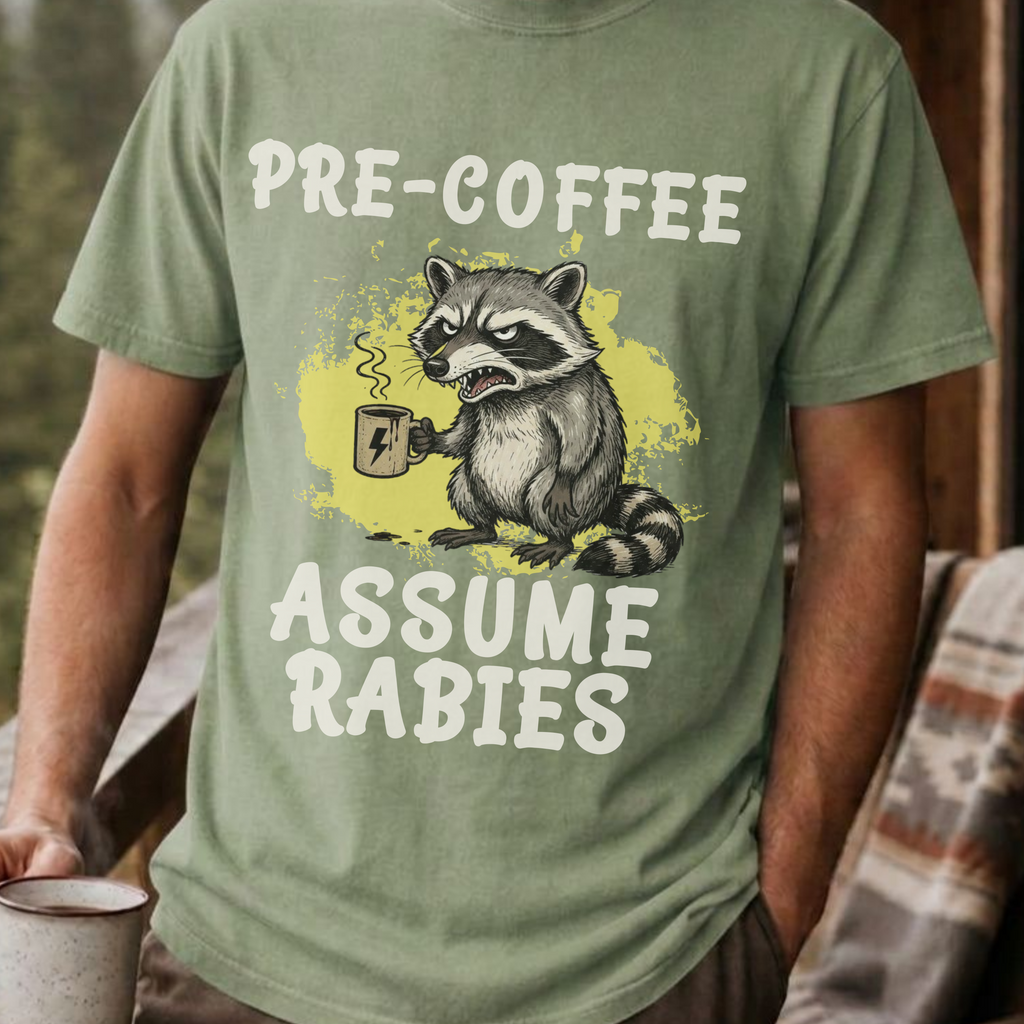Pre-Coffee Assume Rabies Shirt, Funny Raccoon Coffee Tee, Feral Coffee Addict Gift, Sarcastic Morning Humor Shirt, Trash Panda Tee
