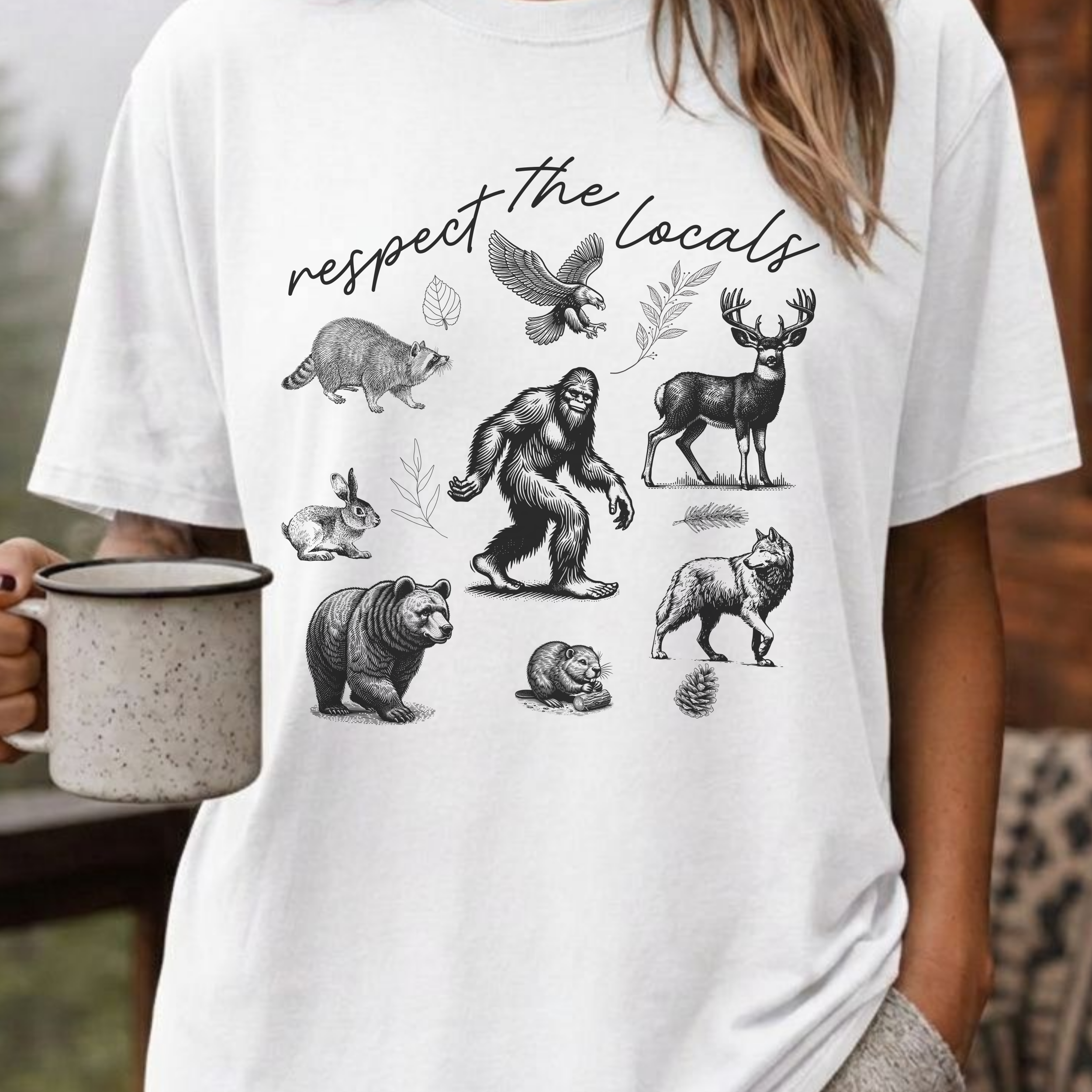 Respect The Locals Bigfoot Shirt, Funny Sasquatch Forest Tee, Woodland Animal Nature Lover Gift, Hiking Shirt, PNW Outdoors Tee