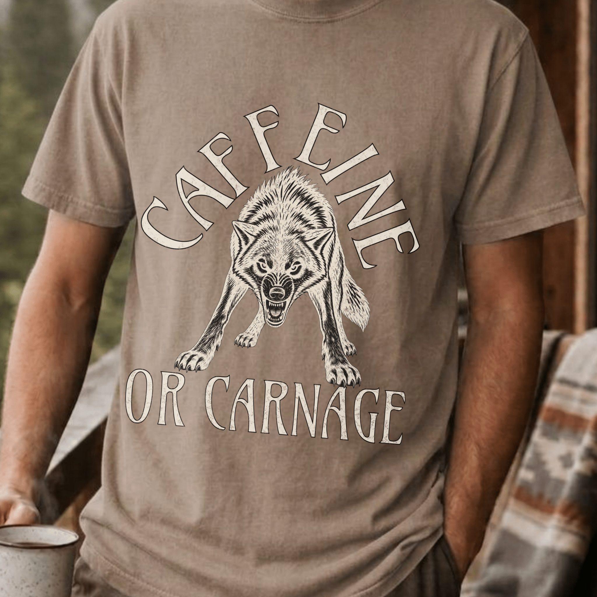 Funny Wolf Coffee Shirt, Caffeine or Carnage Tee, Sarcastic Coffee Lover Gift for Him, Wolf Lover Shirt, Not a Morning Person Gift - Deadpan Outdoors Co.