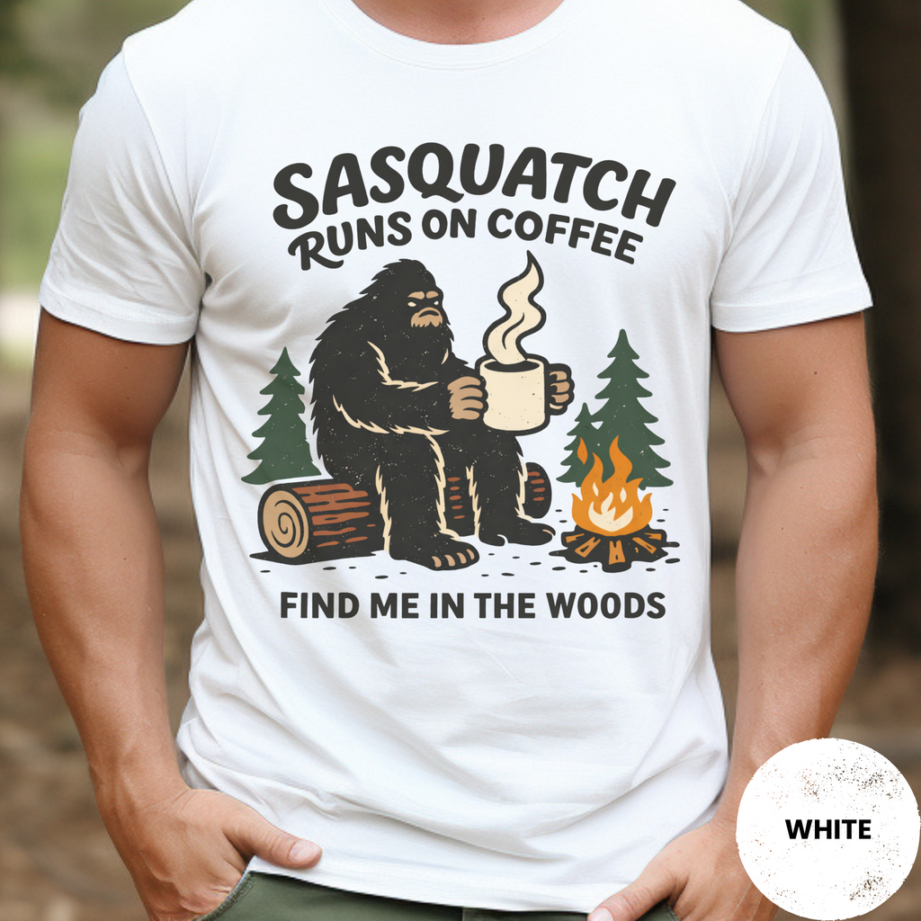 Sasquatch Runs On Coffee Shirt, Funny Bigfoot Camping Tee, Coffee Lover Bigfoot Gift, Campfire Sasquatch Shirt, Outdoors Coffee Gift