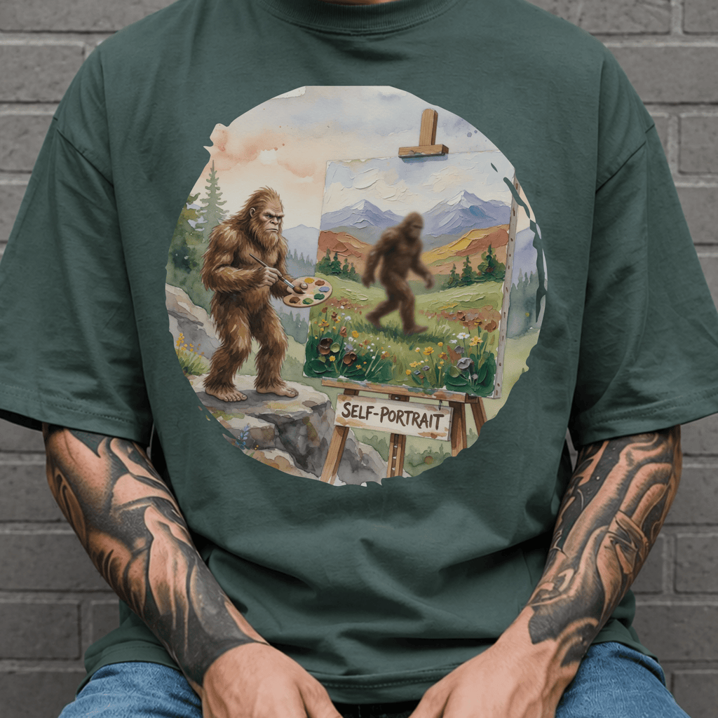 Bigfoot Self Portrait Shirt, Funny Sasquatch Watercolor Tee, Cryptid Lover Gift, Blurry Bigfoot Humor Shirt, PNW Sasquatch Tee - Deadpan Outdoors Co.