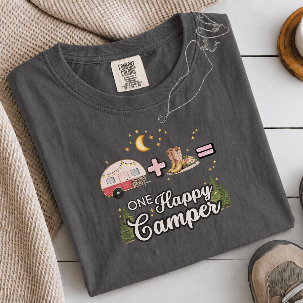 Comfort Colors® Trailer Plus Cowboy Boots Equals One Happy Camper Tee - Deadpan Outdoors Co.