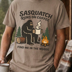 Sasquatch Runs On Coffee Shirt, Funny Bigfoot Camping Tee, Coffee Lover Bigfoot Gift, Campfire Sasquatch Shirt, Outdoors Coffee Gift