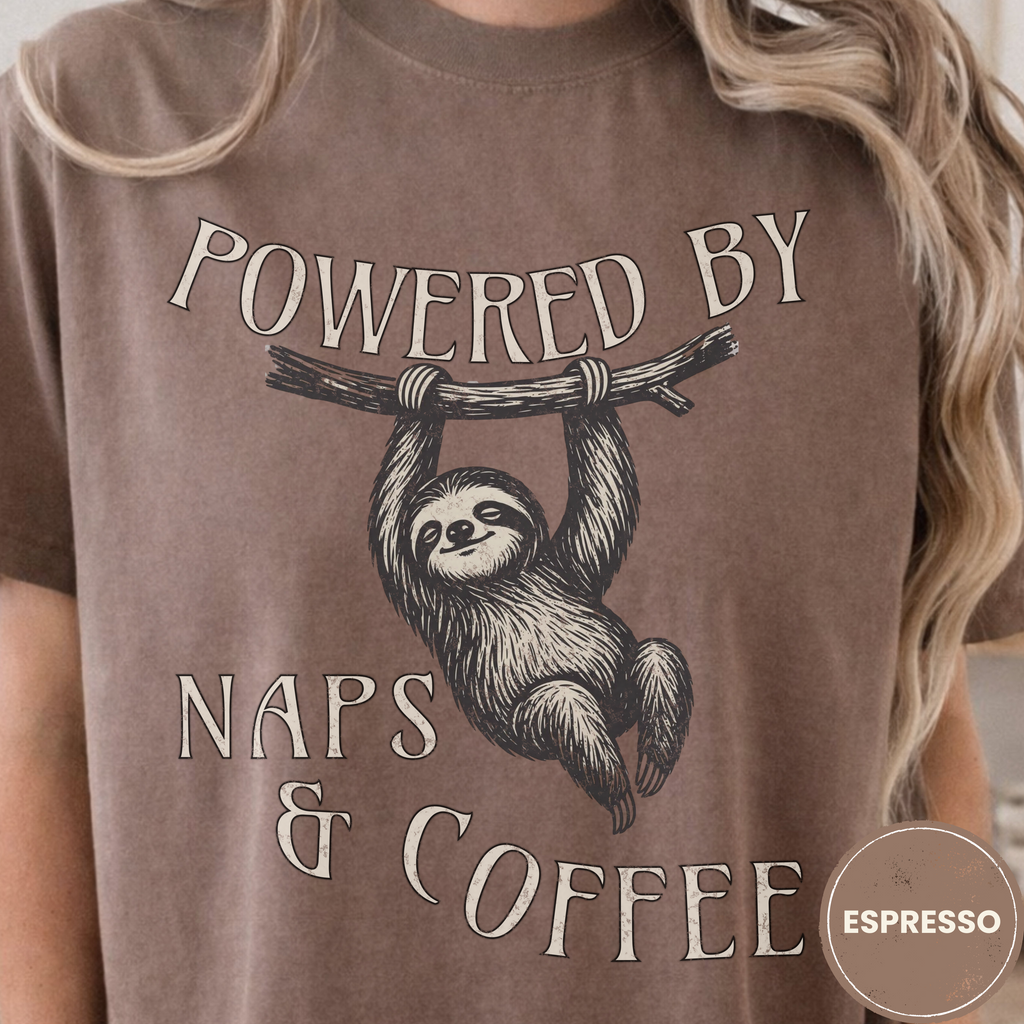Funny Sloth Coffee Shirt, Powered By Naps and Coffee Tee, Sloth Lover Gift, Sarcastic Coffee Lover Gift for Her, Lazy Day Shirt