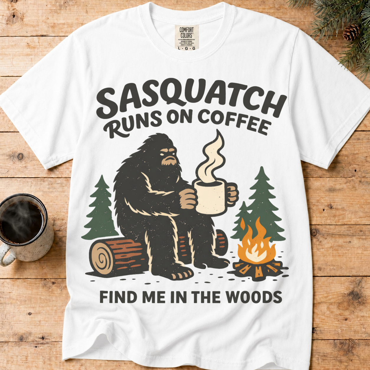 Sasquatch Runs On Coffee Shirt, Funny Bigfoot Camping Tee, Coffee Lover Bigfoot Gift, Campfire Sasquatch Shirt, Outdoors Coffee Gift