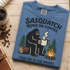 Sasquatch Runs On Coffee Shirt, Funny Bigfoot Camping Tee, Coffee Lover Bigfoot Gift, Campfire Sasquatch Shirt, Outdoors Coffee Gift