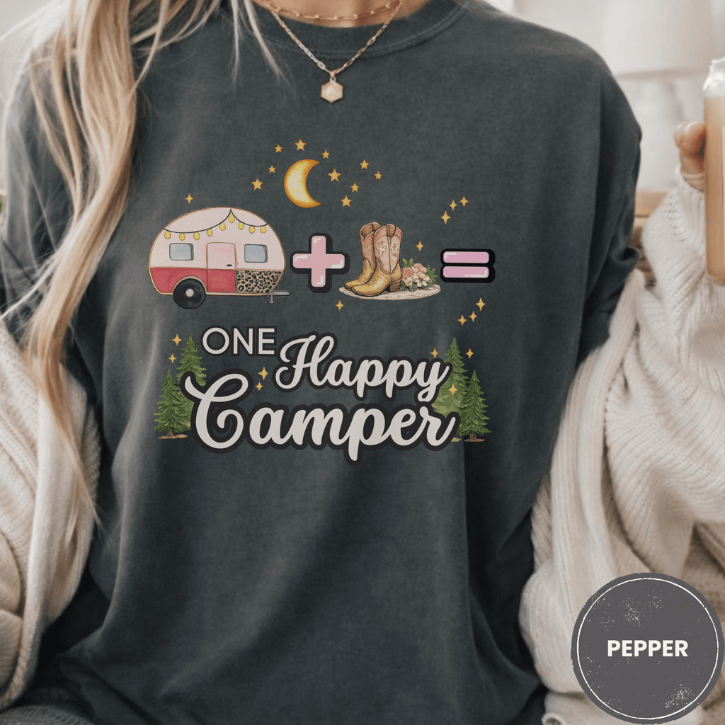 Comfort Colors® Trailer Plus Cowboy Boots Equals One Happy Camper Tee - Deadpan Outdoors Co.