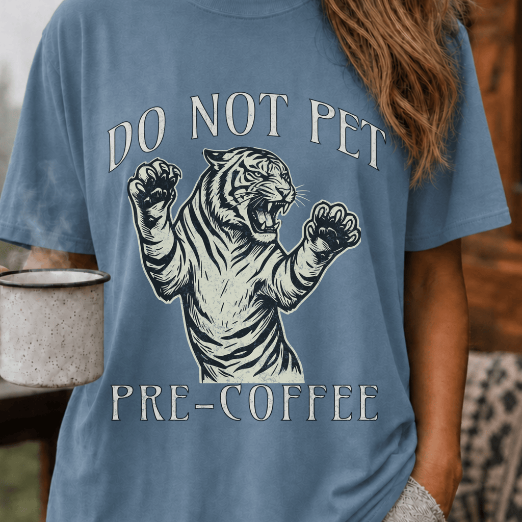 Funny Tiger Coffee Shirt, Do Not Pet Pre Coffee Tee, Sarcastic Coffee Lover Gift, Tiger Lover Shirt, Introvert Coffee Gift for Her - Deadpan Outdoors Co.
