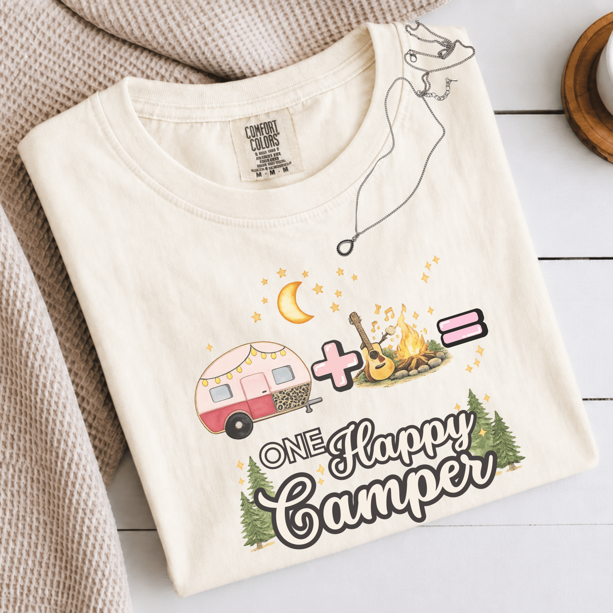 Comfor Colors® Campfire Plus Songs Equals One Happy Camper Tee - Deadpan Outdoors Co.