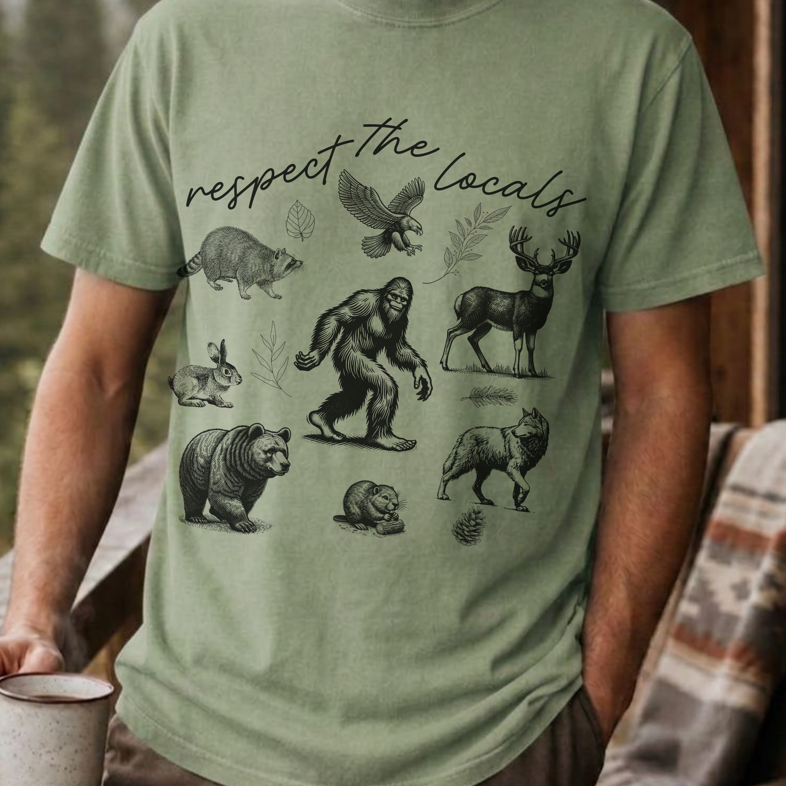 Respect The Locals Bigfoot Shirt, Funny Sasquatch Forest Tee, Woodland Animal Nature Lover Gift, Hiking Shirt, PNW Outdoors Tee