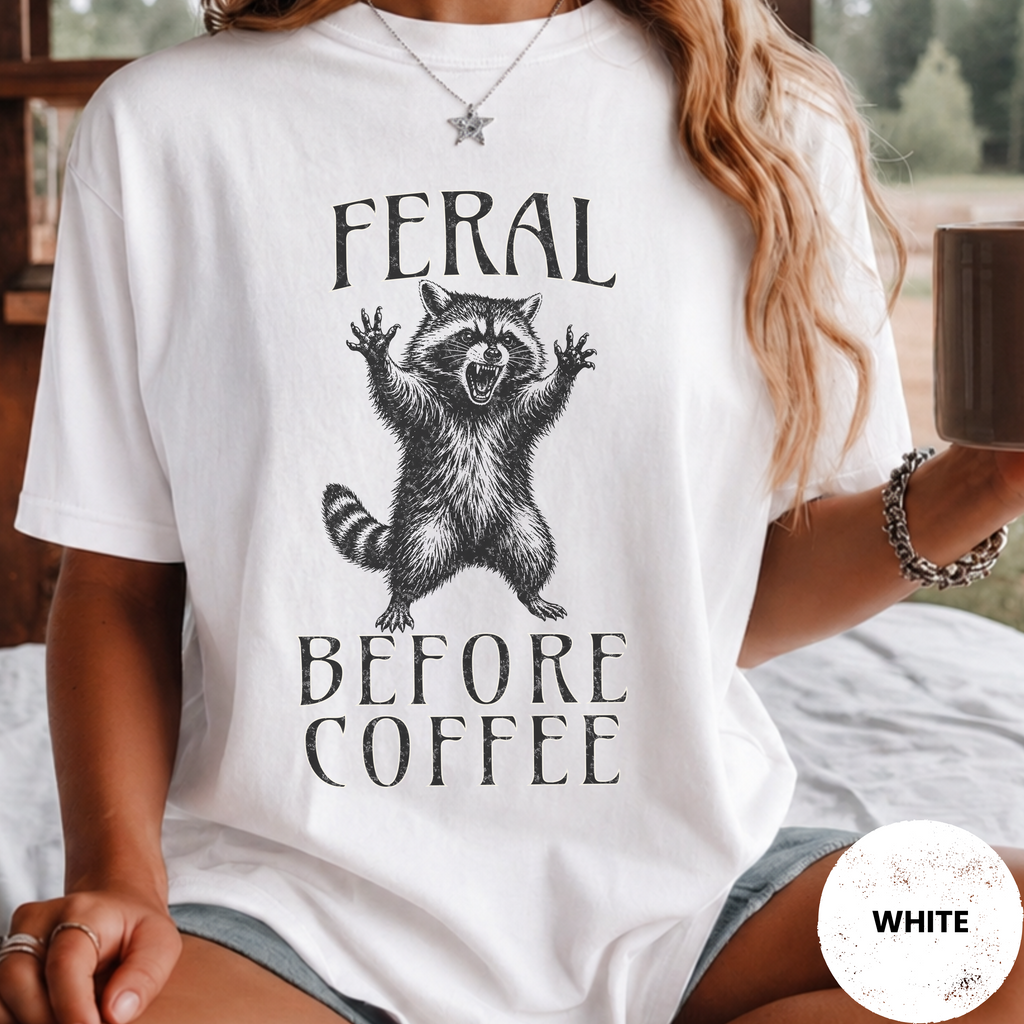 Funny Raccoon Coffee Shirt, Feral Until Coffee Tee, Trash Panda Gift, Sarcastic Coffee Lover Gift for Her, Chaotic Morning Shirt