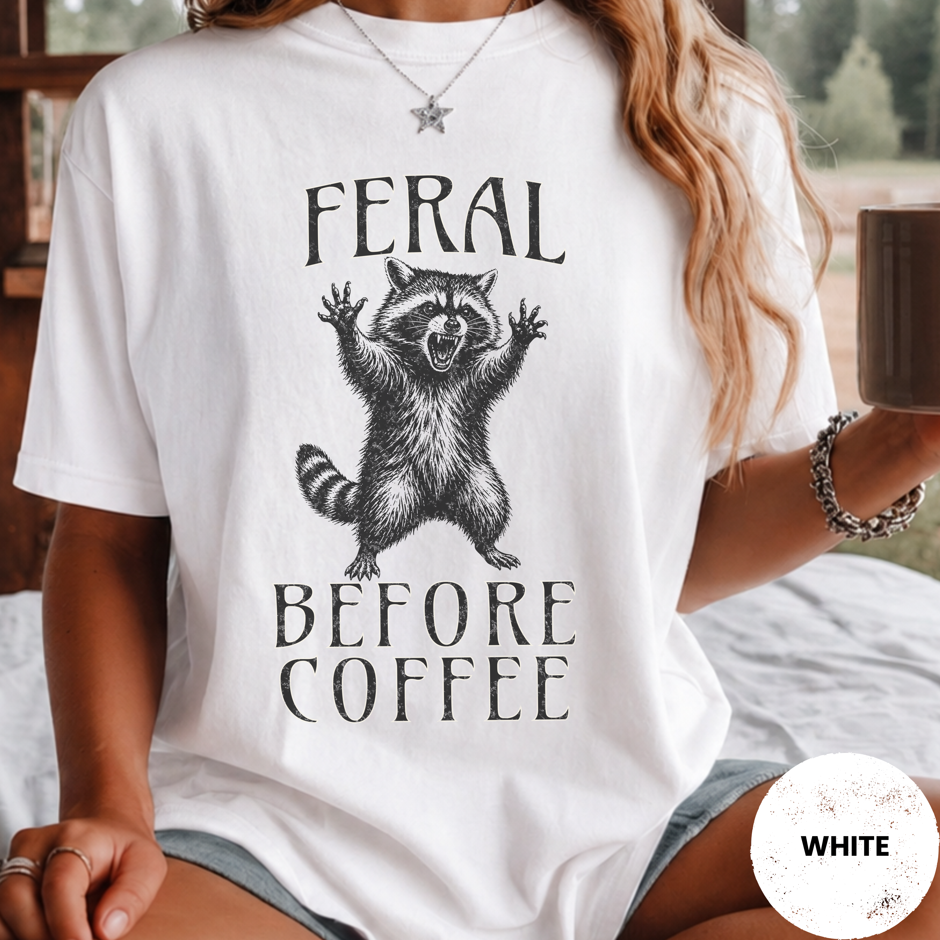 Funny Raccoon Coffee Shirt, Feral Until Coffee Tee, Trash Panda Gift, Sarcastic Coffee Lover Gift for Her, Chaotic Morning Shirt