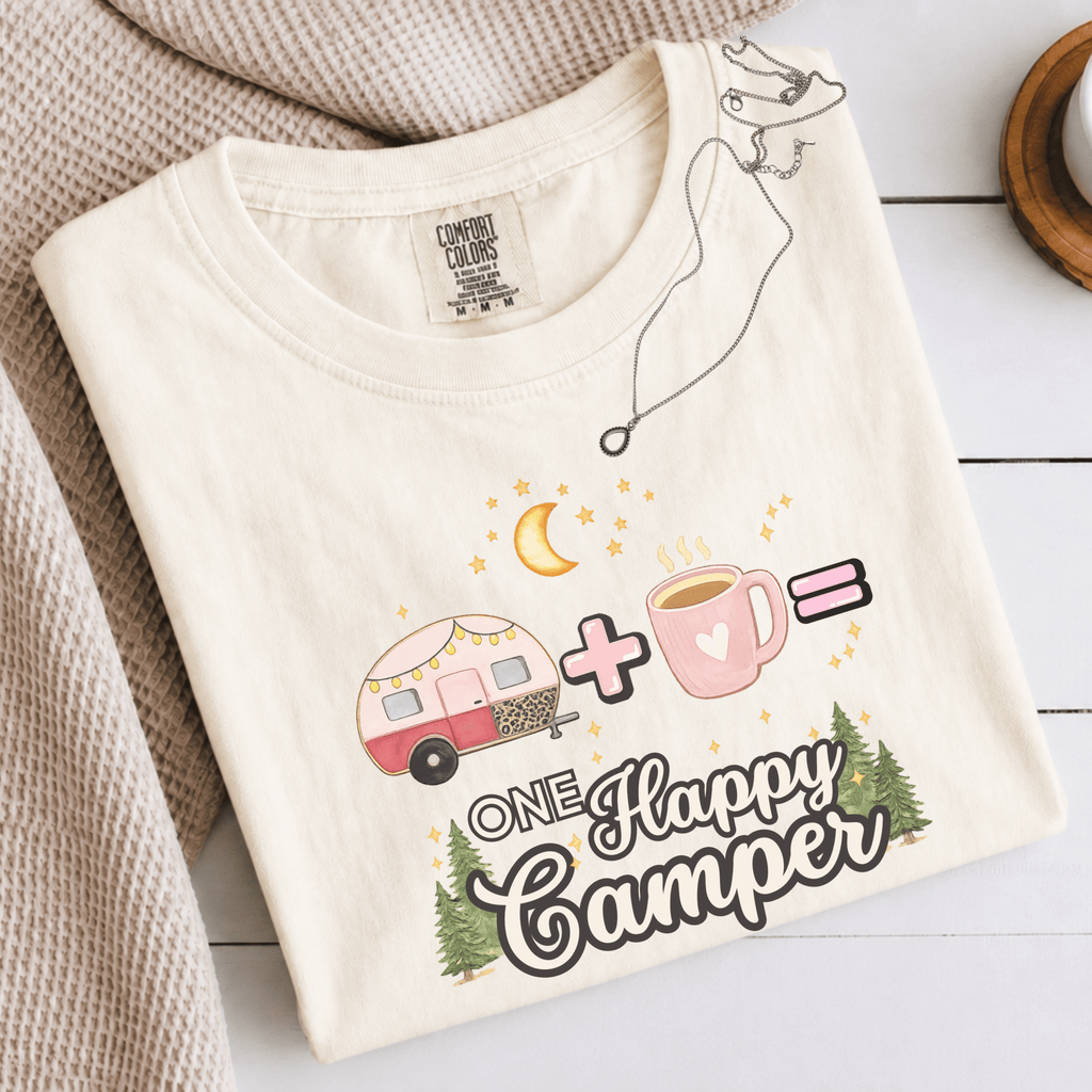 Comfort Colors® Trailer Plus Coffee Equals One Happy Camper Tee - Deadpan Outdoors Co.