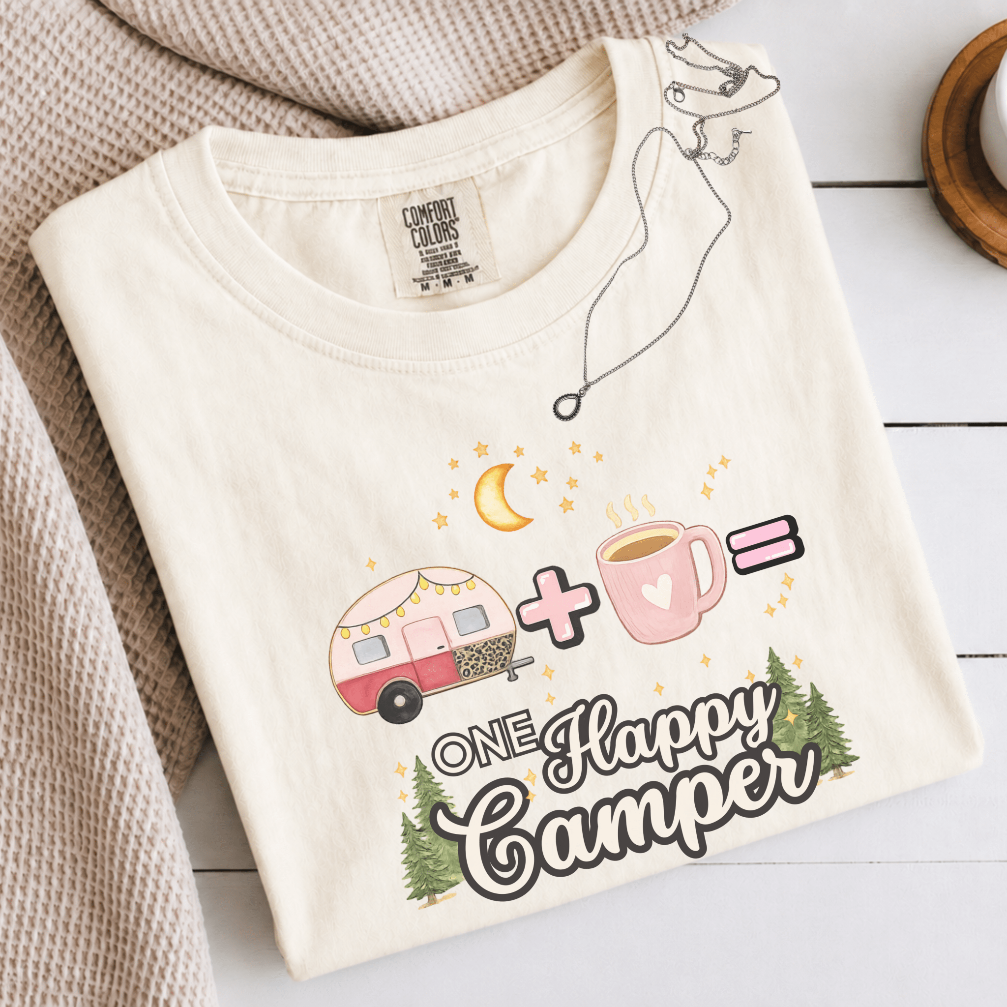Comfort Colors® Trailer Plus Coffee Equals One Happy Camper Tee - Deadpan Outdoors Co.