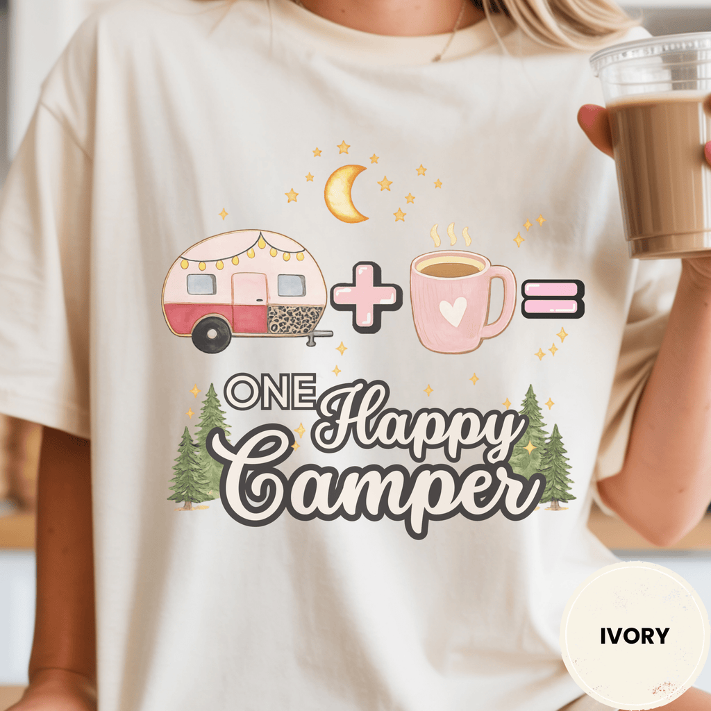 Comfort Colors® Trailer Plus Coffee Equals One Happy Camper Tee - Deadpan Outdoors Co.