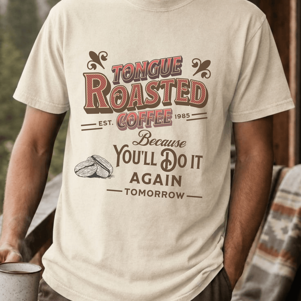 Tongue Roasted Coffee Shirt, Funny Vintage Coffee Tee, Retro Coffee Roaster Logo Shirt, Coffee Lover Gift, Sarcastic Coffee Tee - Deadpan Outdoors Co.
