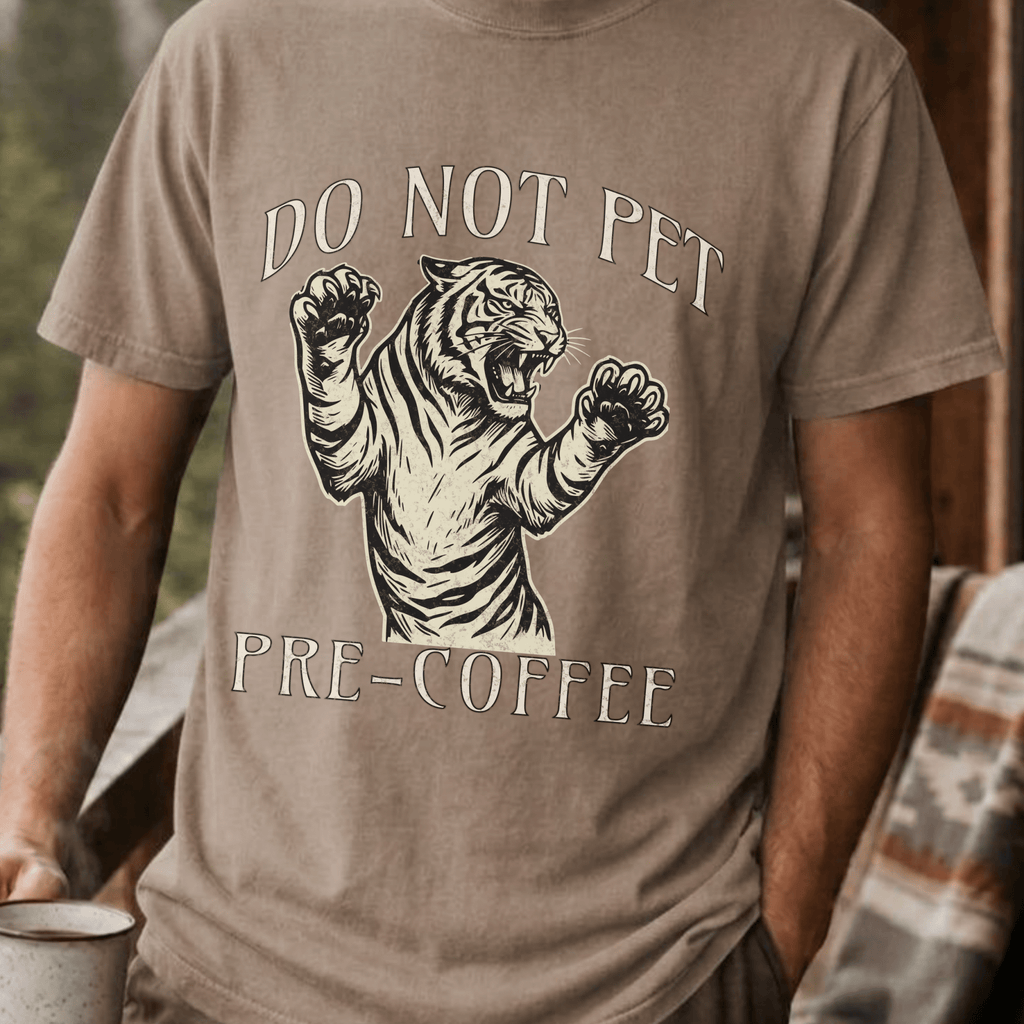 Funny Tiger Coffee Shirt, Do Not Pet Pre Coffee Tee, Sarcastic Coffee Lover Gift, Tiger Lover Shirt, Introvert Coffee Gift for Her - Deadpan Outdoors Co.