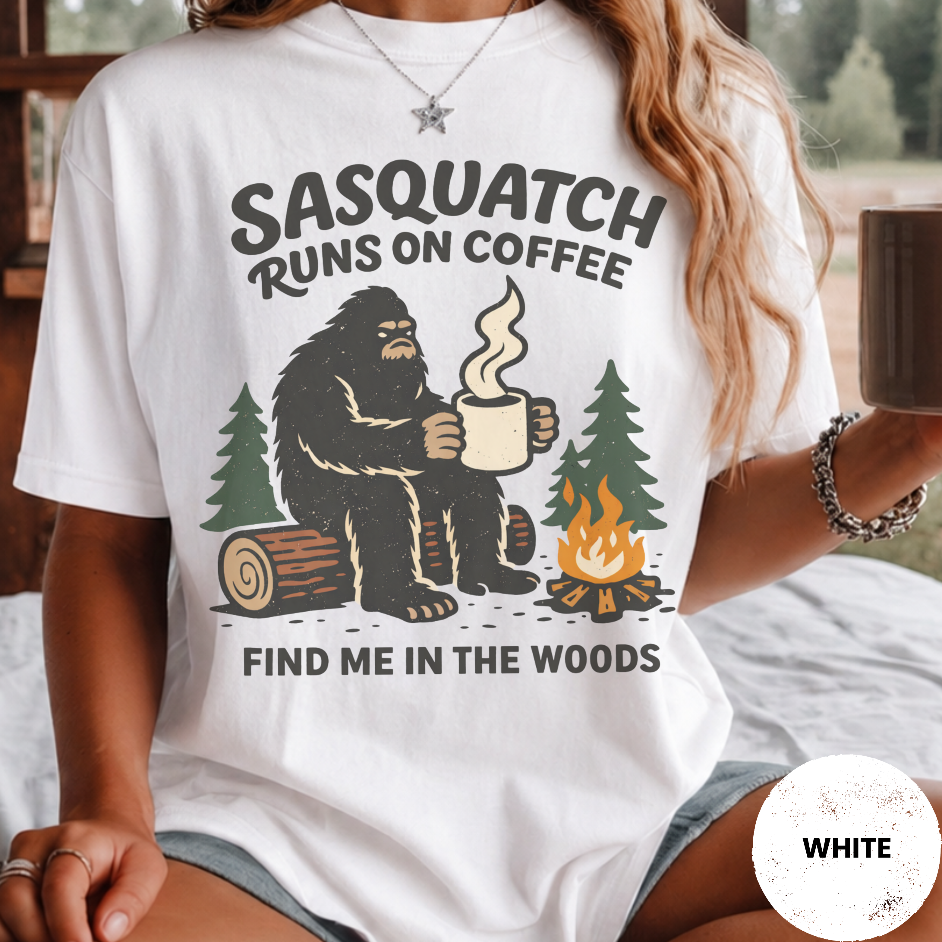 Sasquatch Runs On Coffee Shirt, Funny Bigfoot Camping Tee, Coffee Lover Bigfoot Gift, Campfire Sasquatch Shirt, Outdoors Coffee Gift