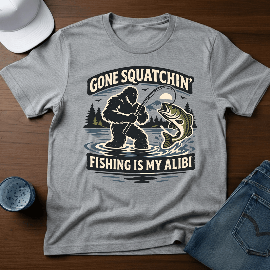 Gone Squatchin' Fishing is My Alibi T-Shirt - Deadpan Outdoors Co.
