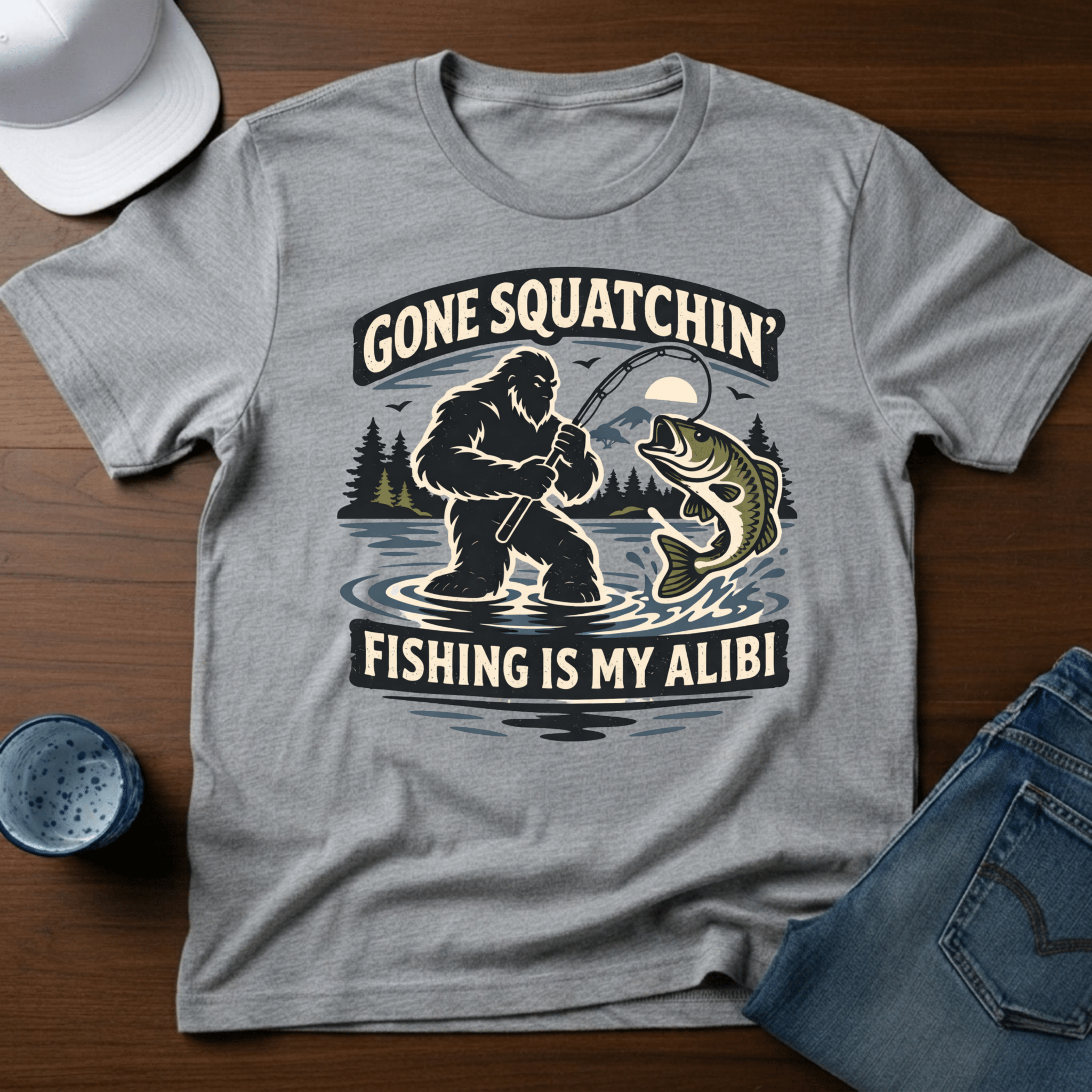 Gone Squatchin' Fishing is My Alibi T-Shirt - Deadpan Outdoors Co.