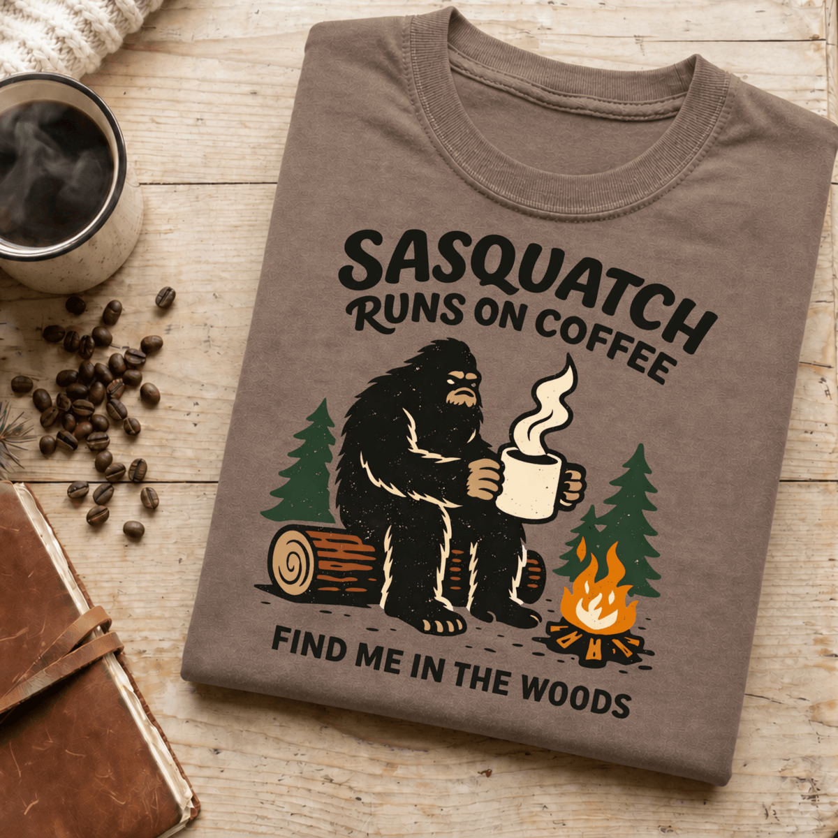 Sasquatch Runs On Coffee Shirt, Funny Bigfoot Camping Tee, Coffee Lover Bigfoot Gift, Campfire Sasquatch Shirt, Outdoors Coffee Gift - Deadpan Outdoors Co.