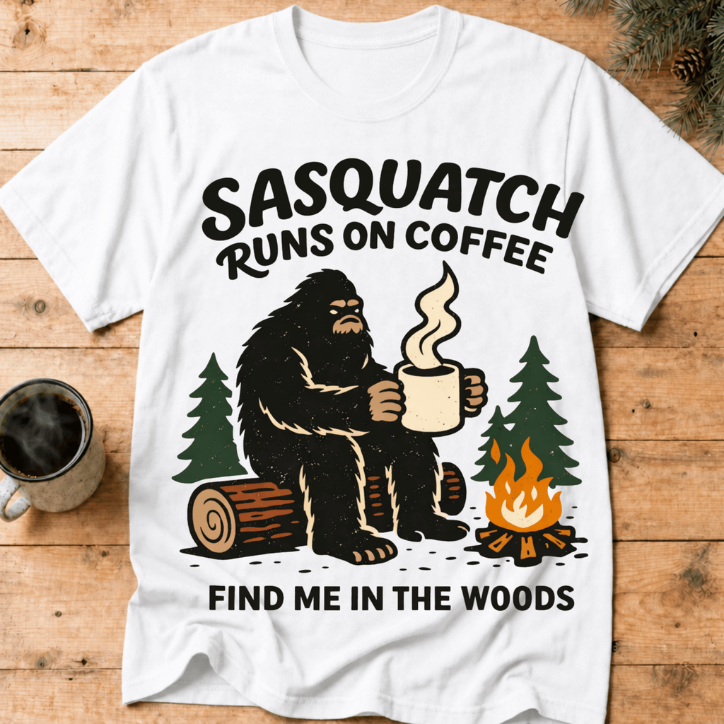 Sasquatch Runs On Coffee Shirt, Funny Bigfoot Camping Tee, Coffee Lover Bigfoot Gift, Campfire Sasquatch Shirt, Outdoors Coffee Gift - Deadpan Outdoors Co.