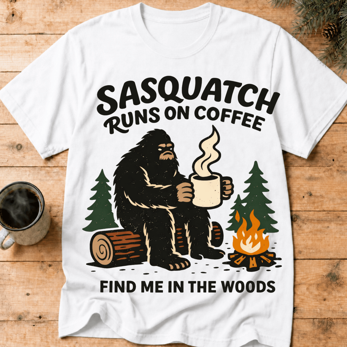 Sasquatch Runs On Coffee Shirt, Funny Bigfoot Camping Tee, Coffee Lover Bigfoot Gift, Campfire Sasquatch Shirt, Outdoors Coffee Gift - Deadpan Outdoors Co.