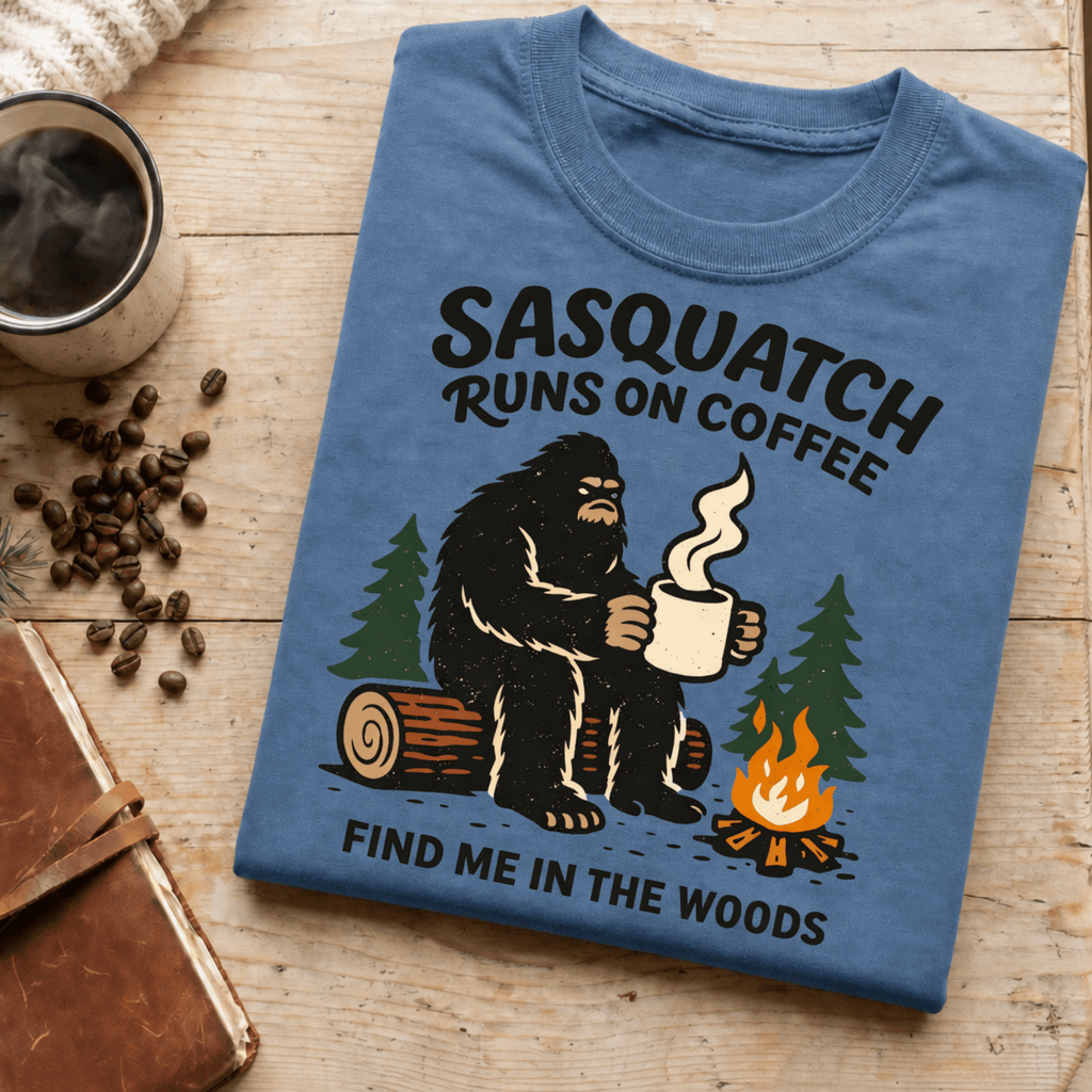 Sasquatch Runs On Coffee Shirt, Funny Bigfoot Camping Tee, Coffee Lover Bigfoot Gift, Campfire Sasquatch Shirt, Outdoors Coffee Gift - Deadpan Outdoors Co.